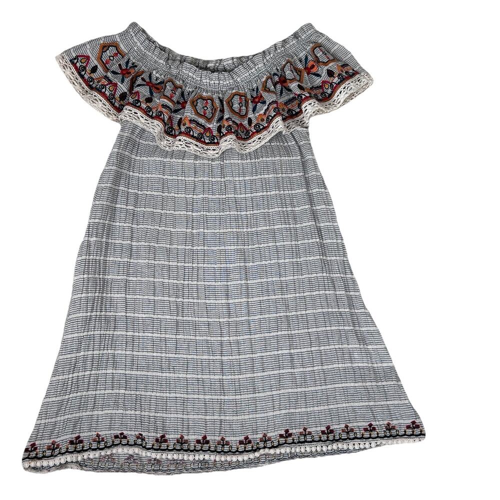 THML embroidered elastic ruffle crinkle cotton/linen dress lace trim folk Sz M